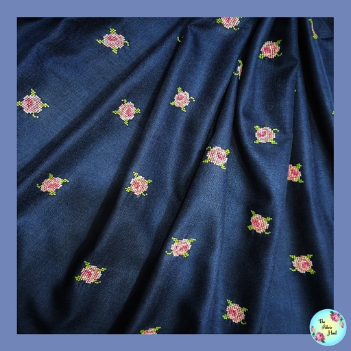 Navy Blue with Cross Stitch Round Roses 4 mtr