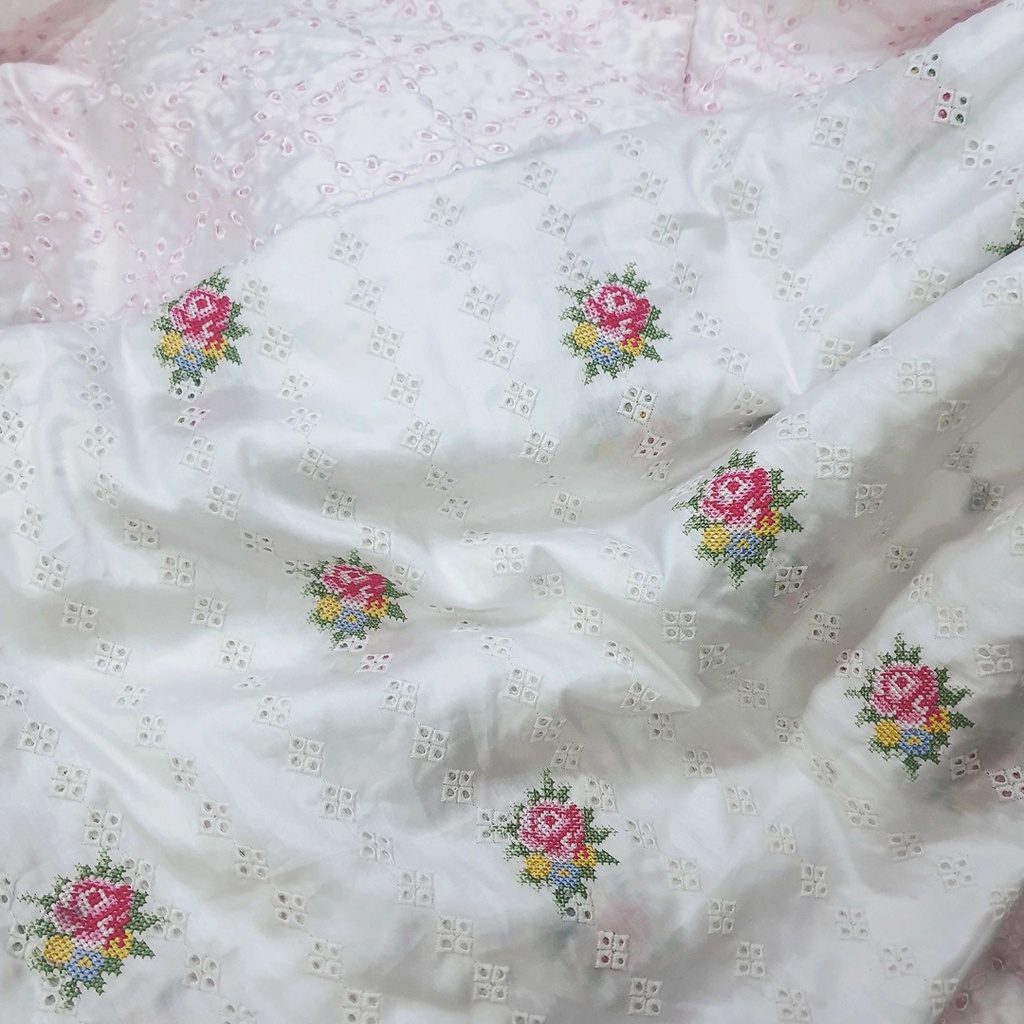 White Hakoba with Cross Stitch Rose Bunch -1 mtr